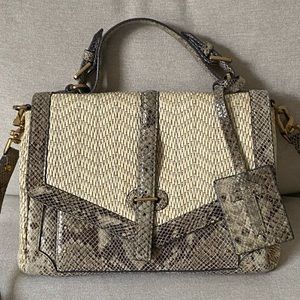 Tory Burch, Natural Raffia Snakeskin Print Satchel
